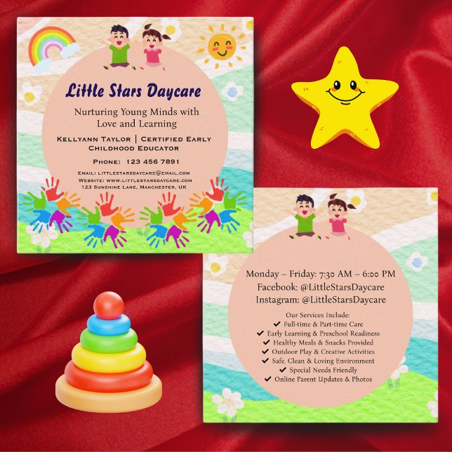 Tarjeta De Visita Cuadrada Custom Rainbow Handprint Sun Daycare Card Template (Subido por el creador)