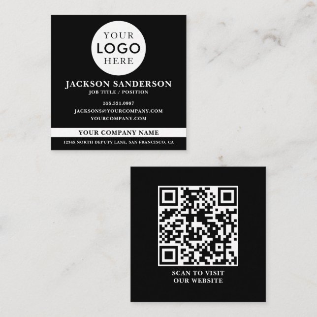 Tarjeta De Visita Cuadrada Customizable Logo Professional Black QR Code (Anverso / Reverso)