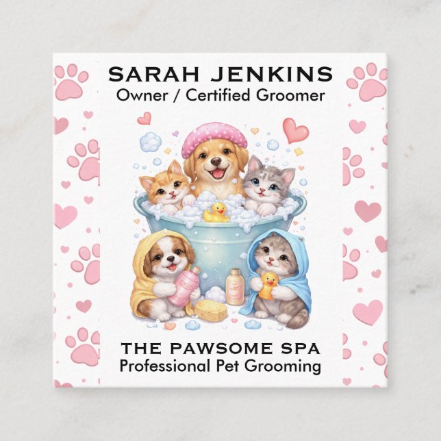 Tarjeta De Visita Cuadrada Customizable Pet Grooming Business Card  (Anverso)