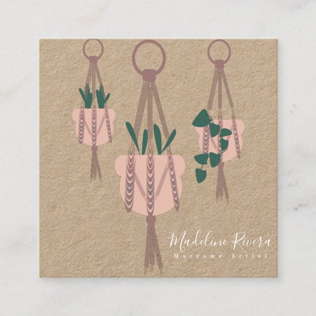 Tarjeta De Visita Cuadrada Cute Artista de Macrame Diseño Hechos A Mano Plant (Anverso)