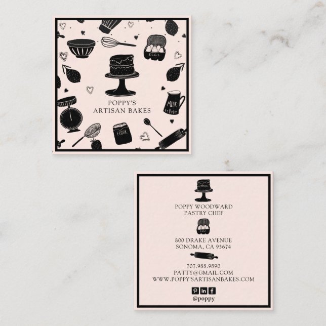 Tarjeta De Visita Cuadrada Cute Baker Pastry Chef Baking Utensiers Pink Black (Anverso / Reverso)