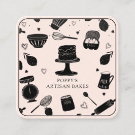 Tarjeta De Visita Cuadrada Cute Baker Pastry Chef Baking Utensiers Pink Black