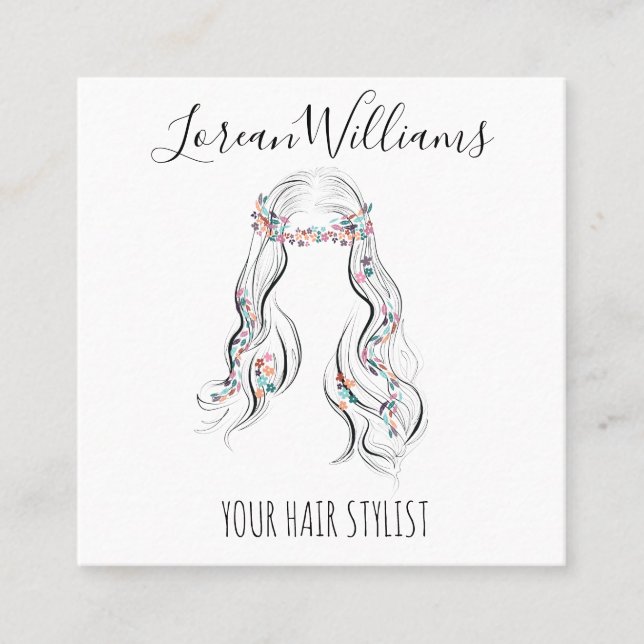 Tarjeta De Visita Cuadrada Cute Boho Hairstyle Boda Hair Stylist Floral (Anverso)