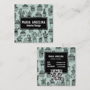 Tarjeta De Visita Cuadrada Cute Cactus Sucultores Boho Doodle QR PERSONALIZAD