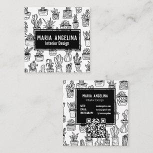 Tarjeta De Visita Cuadrada Cute Cactus Sucultores Boho Doodle QR PERSONALIZAD