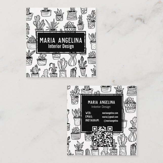 Tarjeta De Visita Cuadrada Cute Cactus Sucultores Boho Doodle QR PERSONALIZAD (Anverso / Reverso)