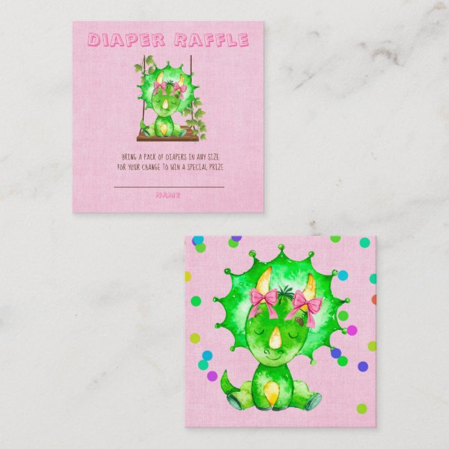 Tarjeta De Visita Cuadrada Cute Chica Triceratops Diaper Raffle Baby Shower (Anverso / Reverso)