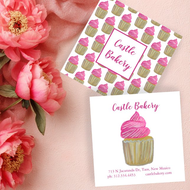 Tarjeta De Visita Cuadrada CUTE CUPCAKE Panadería moderna Pastel de pasteles  (CUTE CUPCAKE Modern Bakery Pastry Chef Cake Pink Square Business Card
)