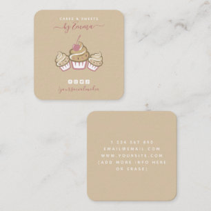 Tarjeta De Visita Cuadrada Cute Cupcakes Cream Bakery Social Media Beige Chic