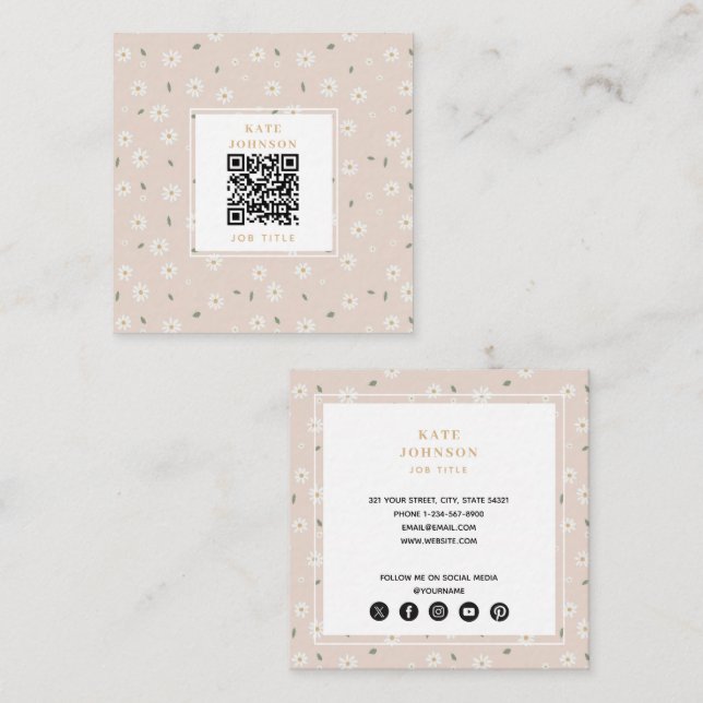 Tarjeta De Visita Cuadrada Cute Daisy Floral Blossoms & Greenery Florist (Anverso / Reverso)