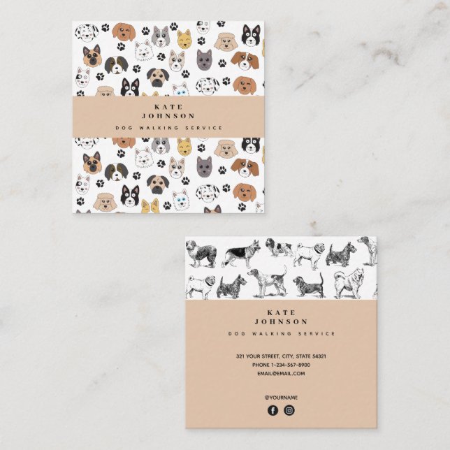 Tarjeta De Visita Cuadrada Cute Dogs Dog Walker Grooming (Anverso / Reverso)