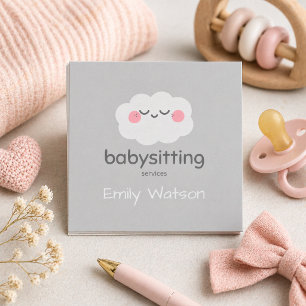 Tarjeta De Visita Cuadrada Cute Kawaii Cloud Rosa Gris Niñera 