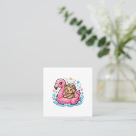 Tarjeta De Visita Cuadrada Cute Kawaii Summer Perrito Flamingo Piscina Flotad