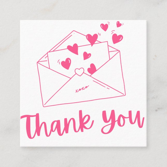 Tarjeta De Visita Cuadrada Cute Moda Letra Love Letter Pink Hearts Gracias Gi (Anverso)