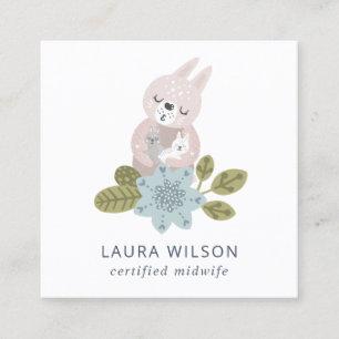 TARJETA DE VISITA CUADRADA CUTE RUBOR AZUL SCANDI OSO FLORAL BEBÉ MITAD ESPO
