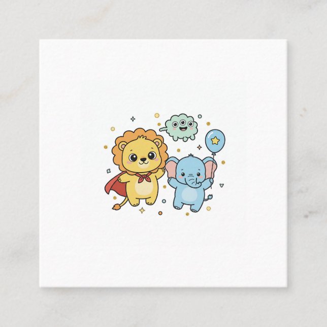 Tarjeta De Visita Cuadrada Cute Superhero Lion and Elephant Friends Cartoon (Anverso)