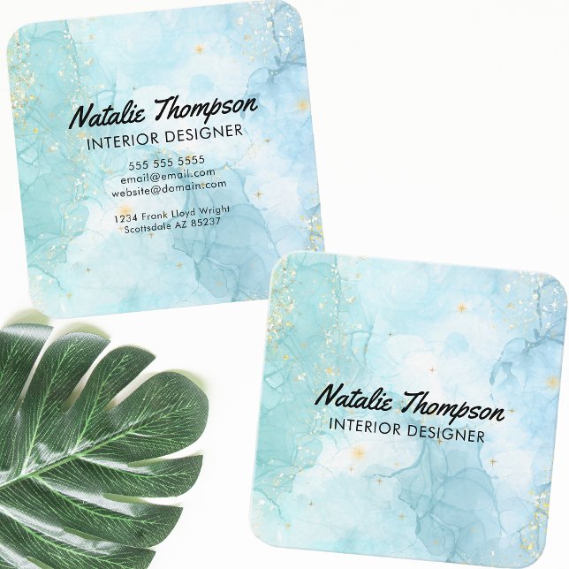 Tarjeta De Visita Cuadrada Cute Verde azulado Blue Gold Purpurina acuarela mo (Subido por el creador)