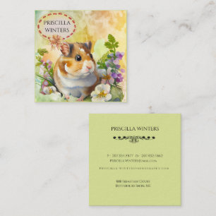 Tarjeta De Visita Cuadrada Cute Watercolor Hamster Flores Verde