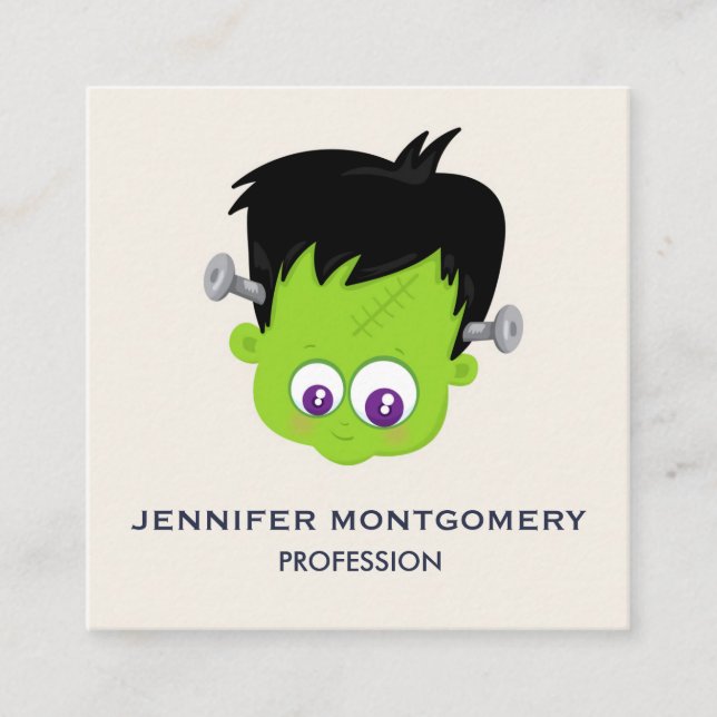 Tarjeta De Visita Cuadrada Cuto verde Frankenstein Monster cara Halloween (Anverso)