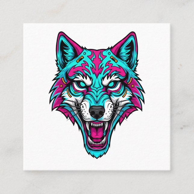 Tarjeta De Visita Cuadrada Cyberpunk Neon Wolf - Synthwave Robotic Animal (Anverso)