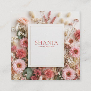 Tarjeta De Visita Cuadrada Dahlia Coral Elegante Marco Dorado Floral Rosa Rús