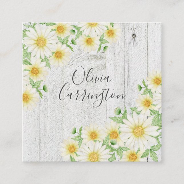 Tarjeta De Visita Cuadrada Daisies Faux Wood Nombre Personalizado (Anverso)
