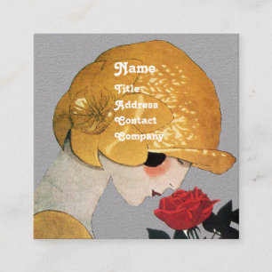 Tarjeta De Visita Cuadrada DAMA CON ROSA ROJA BELLEZA MODA VESTUARIO Gris