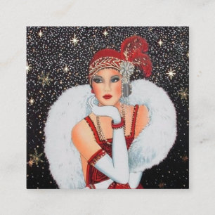 Tarjeta De Visita Cuadrada dama navideña vintage del art deco retro