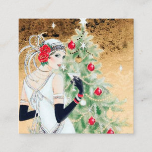 Tarjeta De Visita Cuadrada dama navideña vintage del art deco retro