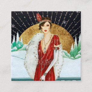 Tarjeta De Visita Cuadrada dama navideña vintage del art deco retro