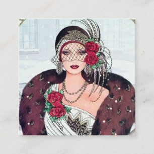 Tarjeta De Visita Cuadrada dama navideña vintage del art deco retro