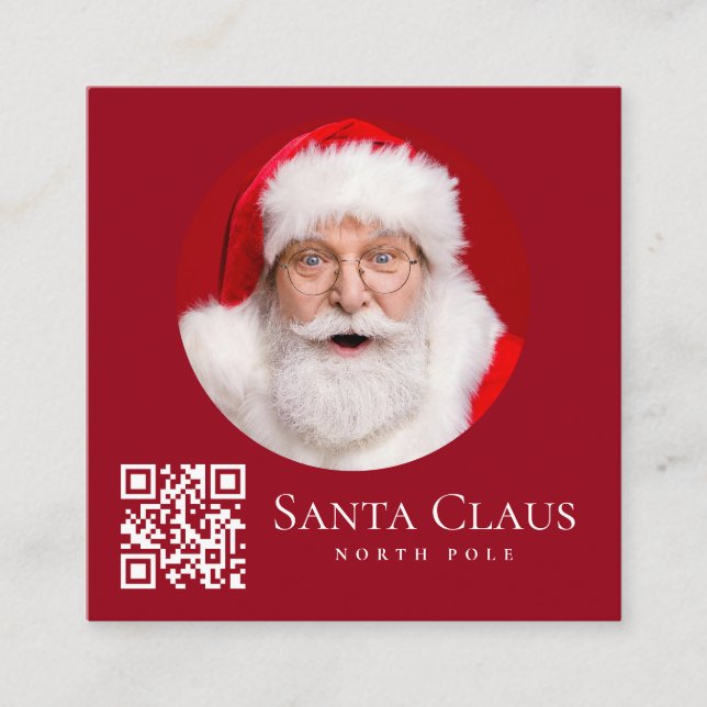 Tarjeta De Visita Cuadrada Dark Red Santa North Pole Custom Photo QR Code  (Anverso)
