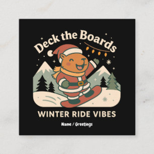 Tarjeta De Visita Cuadrada Decora las Tablas Cute Santa Capybara en Snowboard