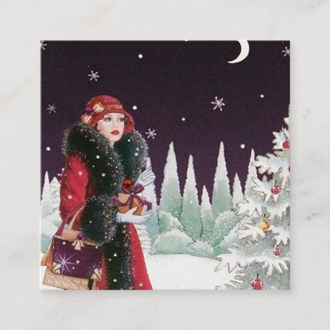 Tarjeta De Visita Cuadrada decoración de arte dama de Navidad retro (Anverso)