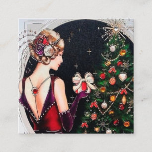 Tarjeta De Visita Cuadrada decoración de arte dama de Navidad retro
