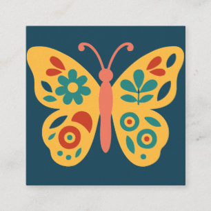 Tarjeta De Visita Cuadrada Decoración de mariposa colorida con elementos flor