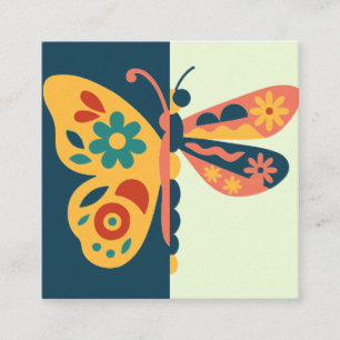 Tarjeta De Visita Cuadrada Decoración de mariposa colorida con elementos flor