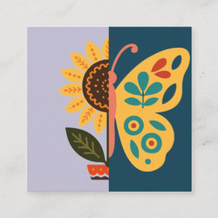 Tarjeta De Visita Cuadrada Decoración de mariposa colorida con elementos flor