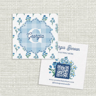 Tarjeta De Visita Cuadrada Delicado Monograma Floral Azul Cottagecore