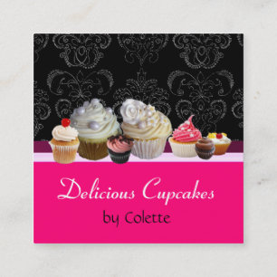 Tarjeta De Visita Cuadrada DELICIOSOS CUPCAKES, DESIERTOS, Damasco negro rosa