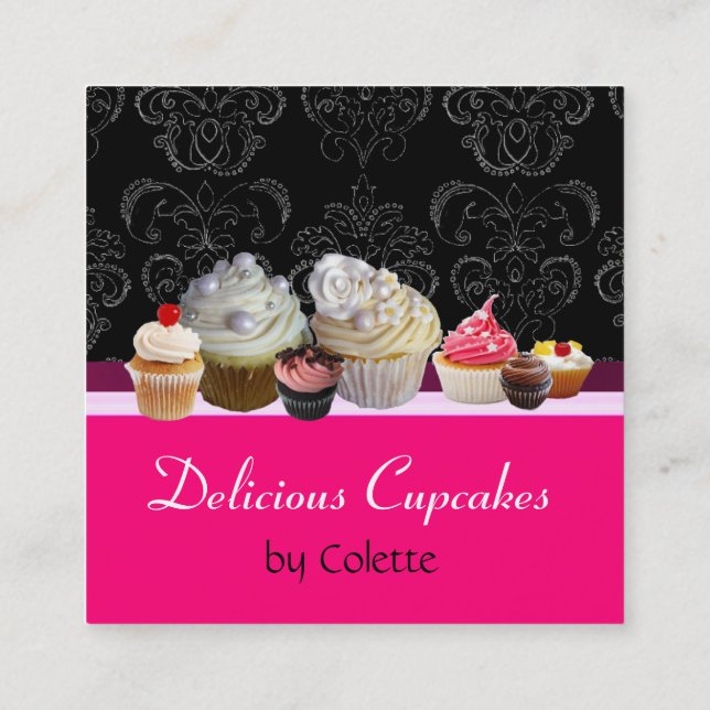 Tarjeta De Visita Cuadrada DELICIOSOS CUPCAKES, DESIERTOS, Damasco negro rosa (Reverso)