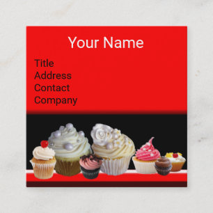 TARJETA DE VISITA CUADRADA DELICIOSOS CUPCAKES DESIERTOS TIENDA NEGRO