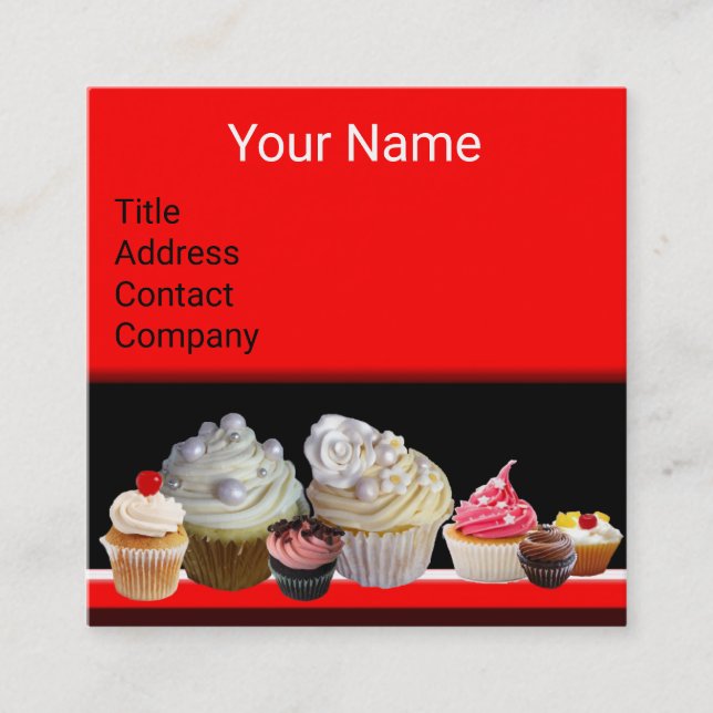 TARJETA DE VISITA CUADRADA DELICIOSOS CUPCAKES DESIERTOS TIENDA NEGRO (Anverso)