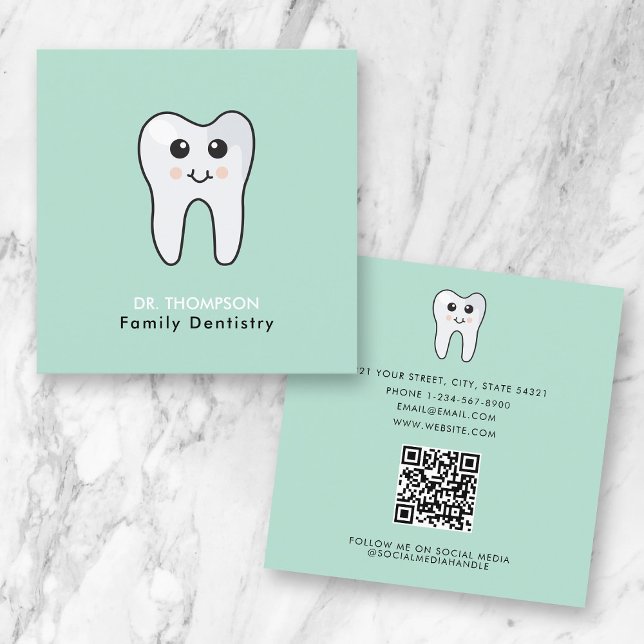 Tarjeta De Visita Cuadrada Dentista de la familia Cuadros Código QR Medios So (Cute Tooth Family Dentistry QR Code Social Media Square Business Card)