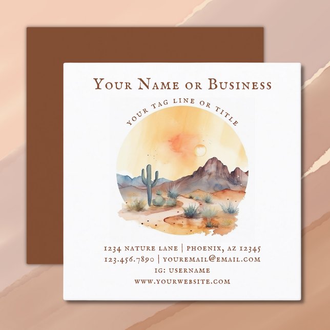 Tarjeta De Visita Cuadrada Desierto y cactus del suroeste de las acuarelas (Watercolor Southwestern Desert and Cactus Square Business Card)