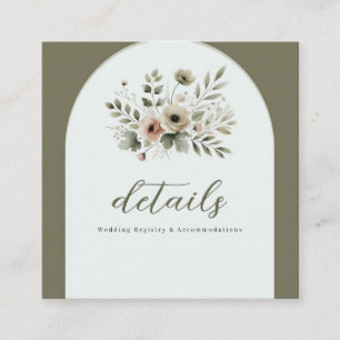 Tarjeta De Visita Cuadrada Detalle de boda floral acuarela verde oliva caqui