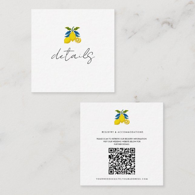 Tarjeta De Visita Cuadrada Detalles de Boda Mediterránea Limón Amarillo Azul (Anverso / Reverso)