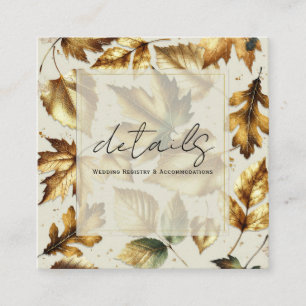 Tarjeta De Visita Cuadrada Detalles de Boda Otoñal Glam Beige Almendra Hojas