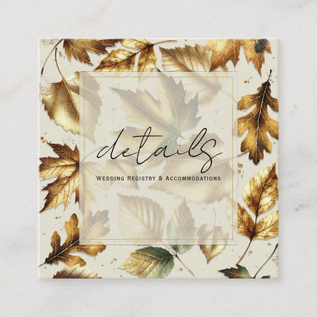 Tarjeta De Visita Cuadrada Detalles de Boda Otoño Glam Beige Almendra Hojas D (Anverso)