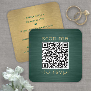 Tarjeta De Visita Cuadrada Detalles de Boda RSVP Código QR Sobre Verde Dorado